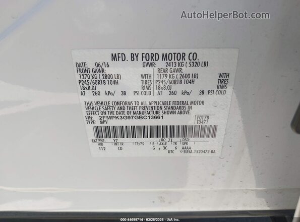 2FMPK3G97GBC13661 2016 FORD EDGE White Вид підкапотного простору