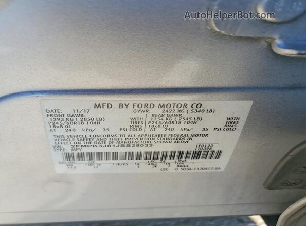 2FMPK3J81JBB28032 2018 FORD EDGE Silver Widok naklejki z numerem VIN