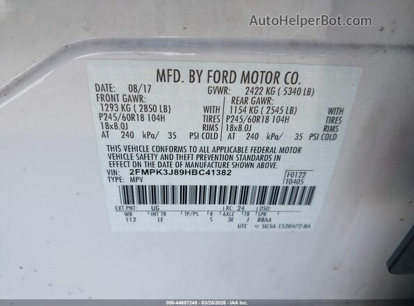 2FMPK3J89HBC41382 2017 FORD EDGE White Շարժիչի բաժամունքի տեսք