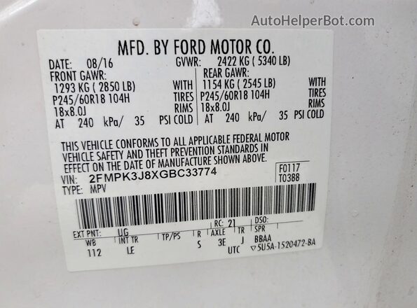2FMPK3J8XGBC33774 2016 FORD EDGE White Вид підкапотного простору