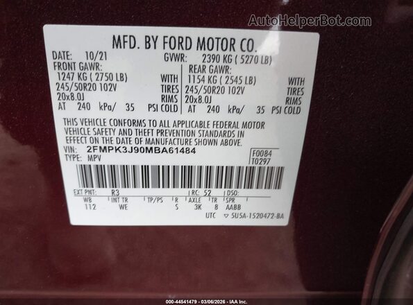 2FMPK3J90MBA61484 2021 FORD EDGE Burgundy Vista del compartimento del motor