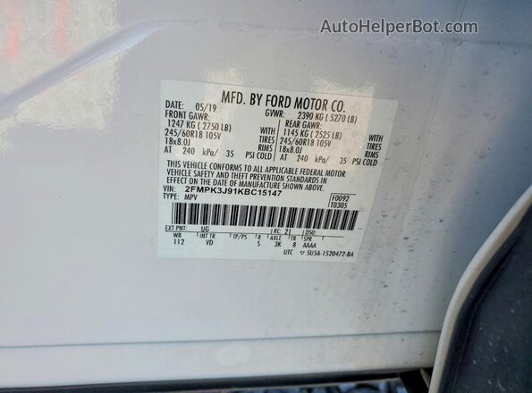 2FMPK3J91KBC15147 2019 FORD EDGE Белый Вид наклейки с VIN-кодом