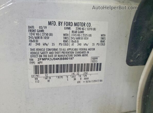 2FMPK3J94KBB80197 2019 FORD EDGE Белый Вид наклейки с VIN-кодом