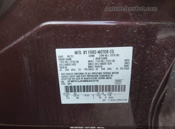 2FMPK3J94MBA63318 2021 FORD EDGE Maroon Widok komory silnika