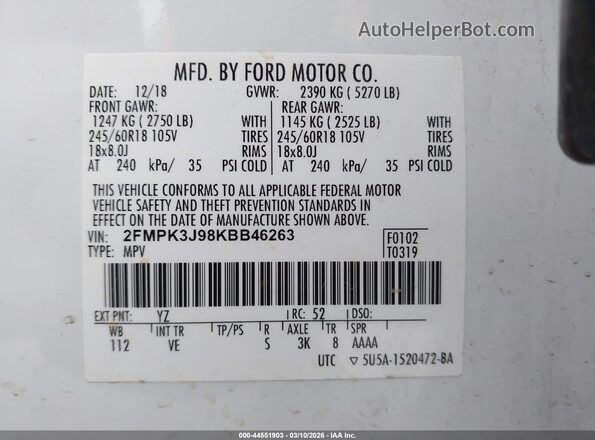 2FMPK3J98KBB46263 2019 FORD EDGE Белый Вид подкапотного пространства