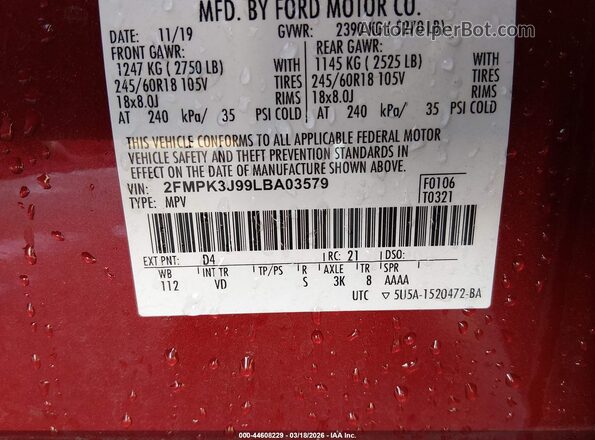 2FMPK3J99LBA03579 2020 FORD EDGE Red Widok komory silnika