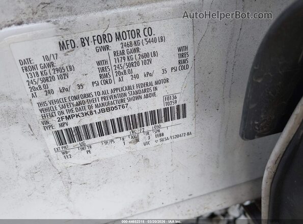 2FMPK3K81JBB05767 2018 FORD EDGE Белый Вид подкапотного пространства