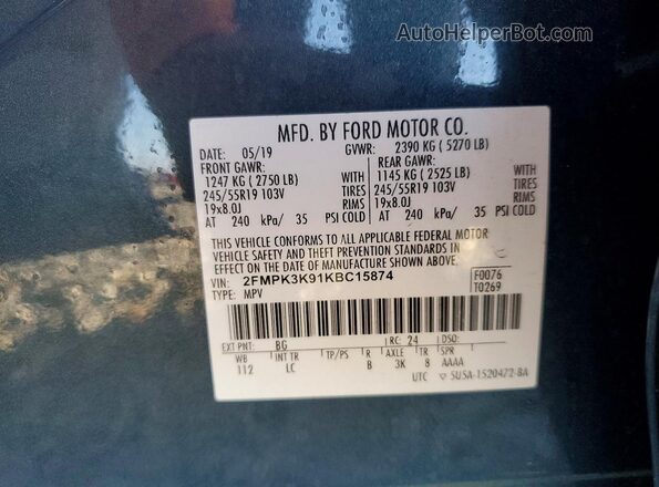 2FMPK3K91KBC15874 2019 FORD EDGE Teal VIN კოდის სტიკერის ხედი