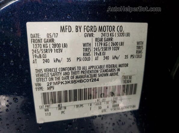 2FMPK3K98HBC01284 2017 FORD EDGE Синий Вид наклейки с VIN-кодом