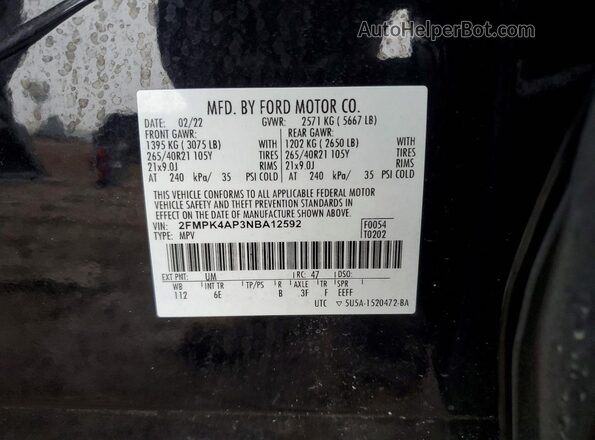 2FMPK4AP3NBA12592 2022 FORD EDGE Black VIN sticker view