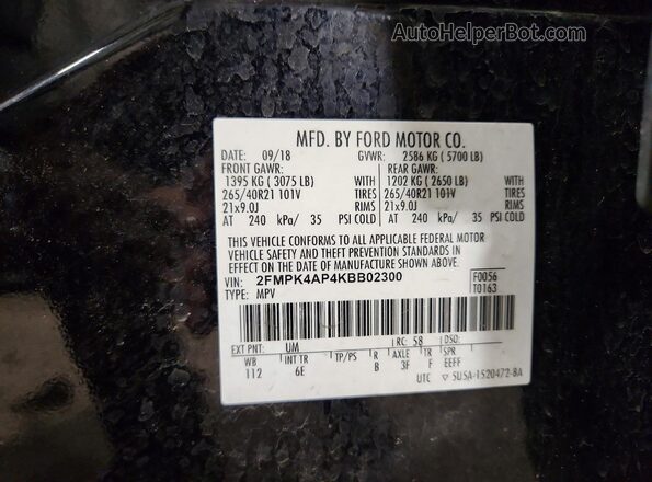 2FMPK4AP4KBB02300 2019 FORD EDGE Black Widok naklejki z numerem VIN