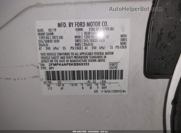 2FMPK4AP8KBB69353 2019 FORD EDGE White Vista del compartimento del motor