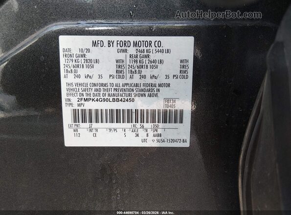 2FMPK4G90LBB42450 2020 FORD EDGE Серый Вид подкапотного пространства