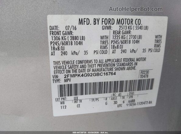 2FMPK4G92GBC16764 2016 FORD EDGE Серебряный Вид подкапотного пространства
