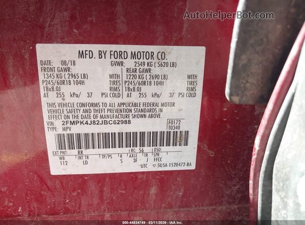 2FMPK4J82JBC62988 2018 FORD EDGE Красный Вид подкапотного пространства