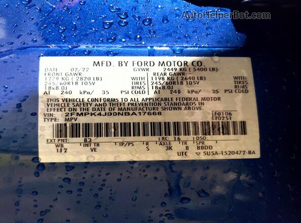 2FMPK4J90NBA17668 2022 FORD EDGE Blue Widok naklejki z numerem VIN