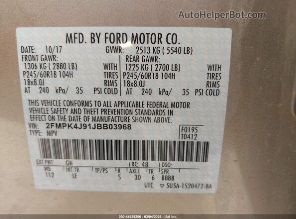 2FMPK4J91JBB03968 2018 FORD EDGE Золотой Вид подкапотного пространства