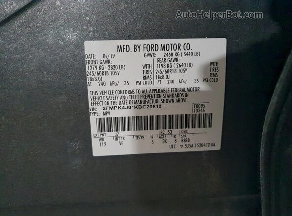 2FMPK4J91KBC20810 2019 FORD EDGE Серый Вид наклейки с VIN-кодом