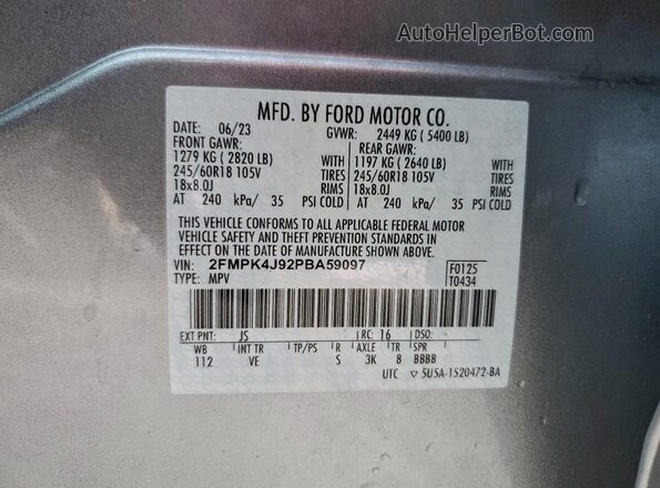2FMPK4J92PBA59097 2023 FORD EDGE Серебряный Вид наклейки с VIN-кодом