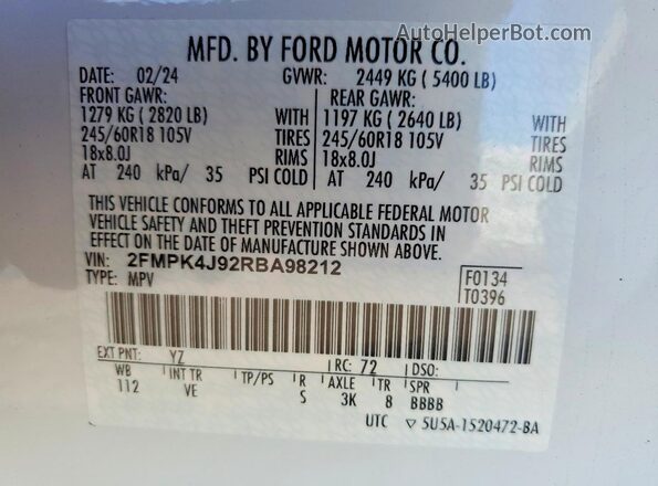 2FMPK4J92RBA98212 2024 FORD EDGE White Vista de la etiqueta del VIN