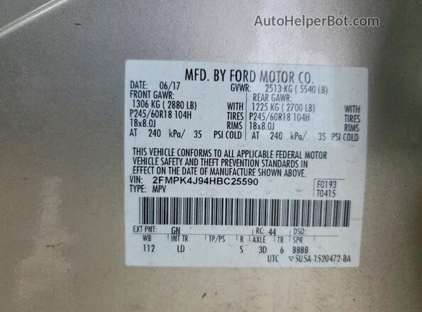 2FMPK4J94HBC25590 2017 FORD EDGE Бежевый Вид наклейки с VIN-кодом