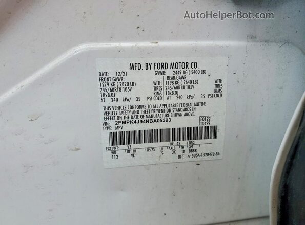 2FMPK4J94NBA05393 2022 FORD EDGE White Widok naklejki z numerem VIN