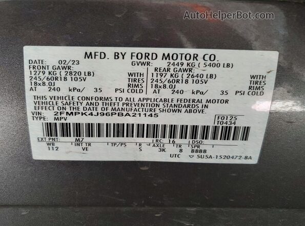 2FMPK4J96PBA21145 2023 FORD EDGE Gray Панорамний вид салону 360°
