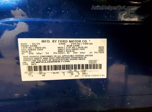 2FMPK4J96RBB11396 2024 FORD EDGE Blue Widok naklejki z numerem VIN