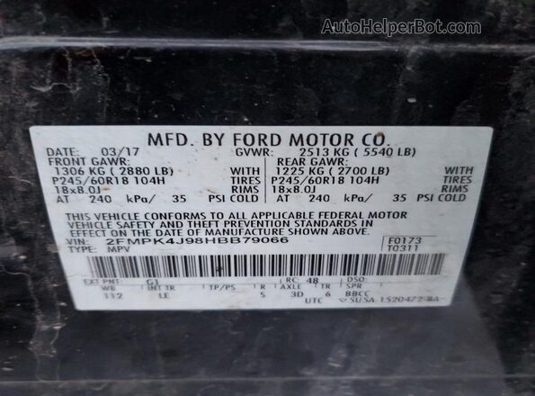 2FMPK4J98HBB79066 2017 FORD EDGE Черный Панорамный вид салона 360°