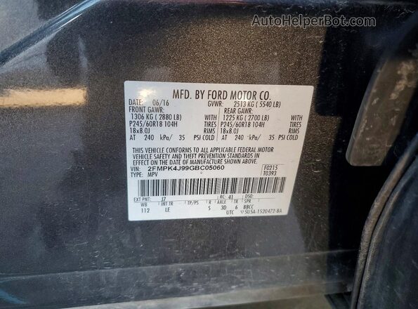 2FMPK4J99GBC05060 2016 FORD EDGE Charcoal Панорамний вид салону 360°