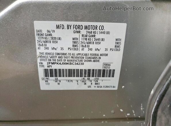 2FMPK4J99KBC34230 2019 FORD EDGE Серебряный Вид наклейки с VIN-кодом