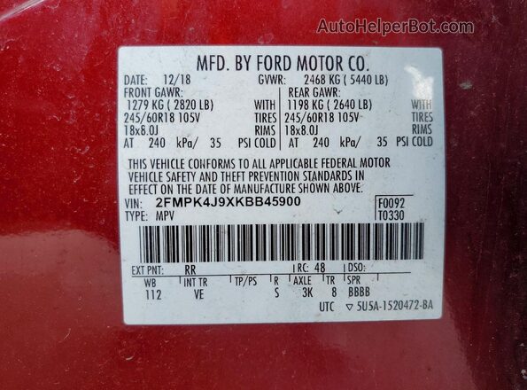 2FMPK4J9XKBB45900 2019 FORD EDGE Burgundy Vista de la etiqueta del VIN