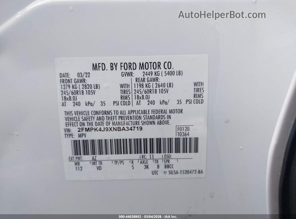 2FMPK4J9XNBA34719 2022 FORD EDGE White Widok komory silnika
