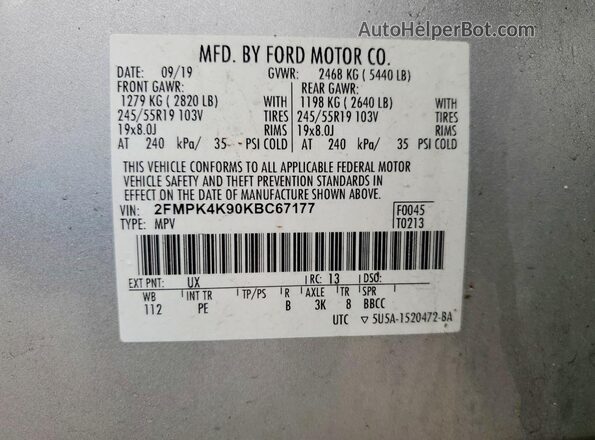 2FMPK4K90KBC67177 2019 FORD EDGE Silver Вид наклейки з VIN-кодом