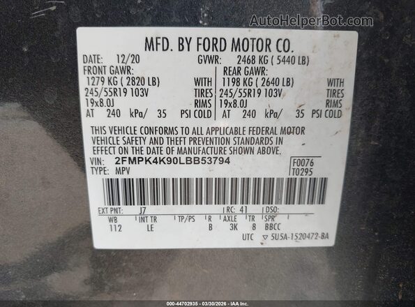 2FMPK4K90LBB53794 2020 FORD EDGE Серый Вид подкапотного пространства