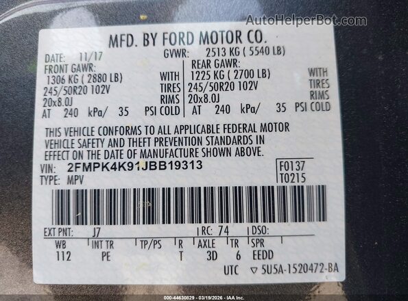 2FMPK4K91JBB19313 2018 FORD EDGE Gray Vista del compartimento del motor