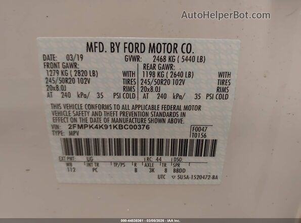2FMPK4K91KBC00376 2019 FORD EDGE White Widok komory silnika