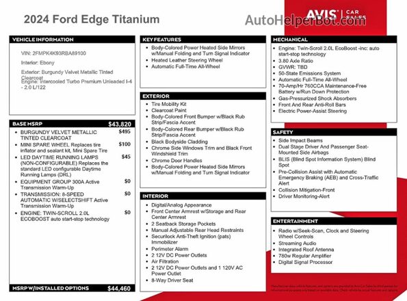 2FMPK4K93RBA89100 2024 FORD EDGE Maroon VIN კოდის სტიკერის ხედი