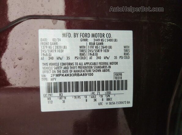 2FMPK4K93RBA89100 2024 FORD EDGE Maroon სალონის 360-გრადუსიანი ხედი