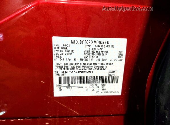 2FMPK4K94PBA42963 2023 FORD EDGE Красный Вид наклейки с VIN-кодом