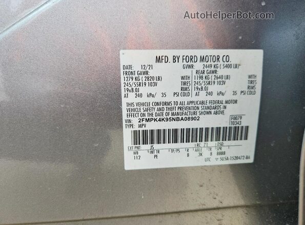2FMPK4K95NBA08902 2022 FORD EDGE Silver Widok naklejki z numerem VIN