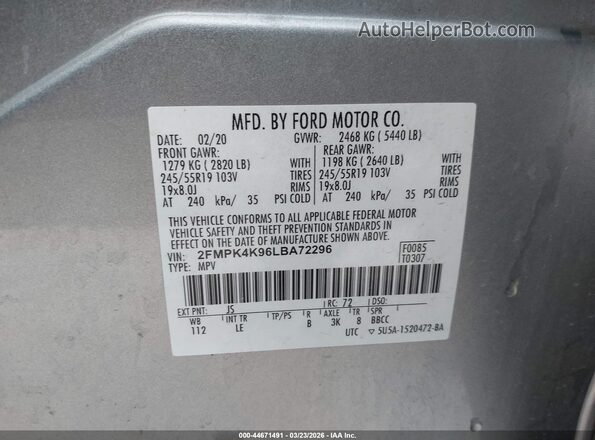 2FMPK4K96LBA72296 2020 FORD EDGE Silver Widok komory silnika