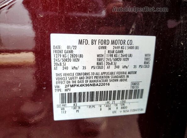 2FMPK4K96NBA22016 2022 FORD EDGE Burgundy Շարժիչի բաժամունքի տեսք