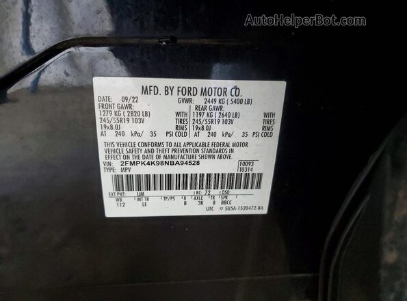 2FMPK4K98NBA94528 2022 FORD EDGE Black Вид наклейки з VIN-кодом