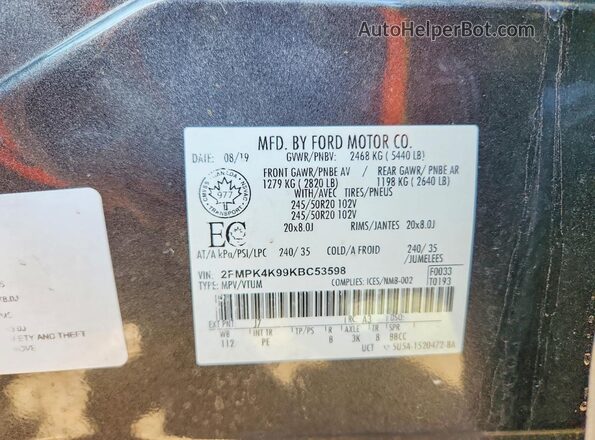 2FMPK4K99KBC53598 2019 FORD EDGE Серый Вид наклейки с VIN-кодом