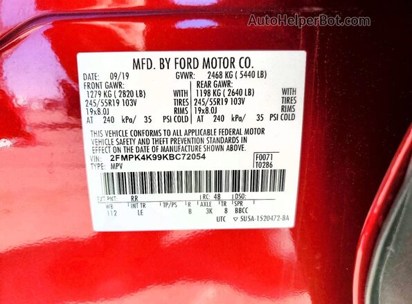 2FMPK4K99KBC72054 2019 FORD EDGE Красный Вид наклейки с VIN-кодом
