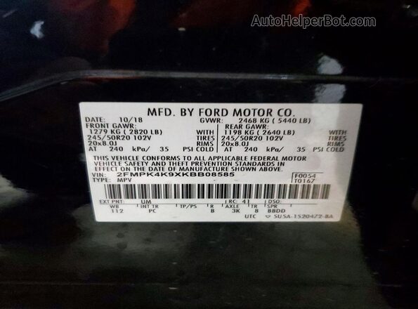 2FMPK4K9XKBB08585 2019 FORD EDGE Black Vista de la etiqueta del VIN