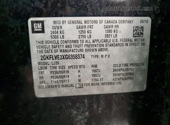 2GKFLVE3XG6358374 2016 GMC TERRAIN Черный Вид наклейки с VIN-кодом