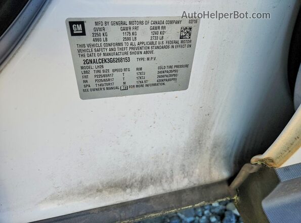 2GNALCEK3G6268153 2016 CHEVROLET EQUINOX Белый Вид наклейки с VIN-кодом