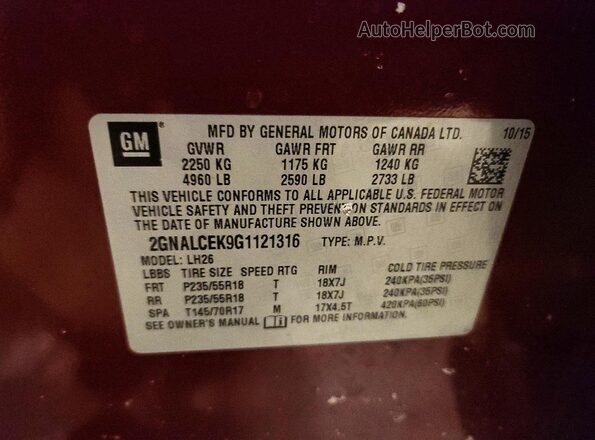 2GNALCEK9G1121316 2016 CHEVROLET EQUINOX Темно-бордовый Вид подкапотного пространства